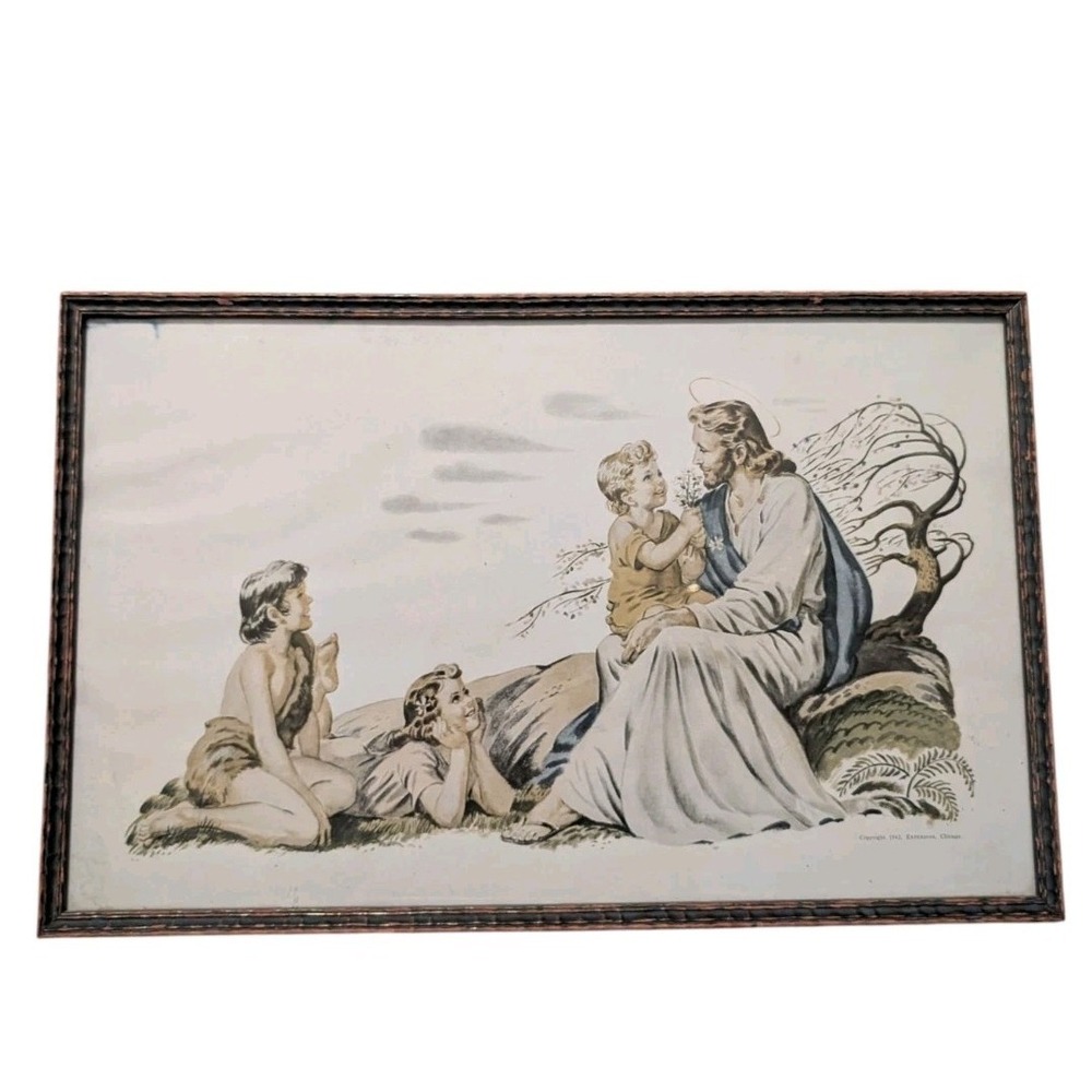 Vintage 1942 Jesus with Children Angels Print Extension Chicago 16.5x10.5 Framed